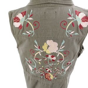 Cotton floral embroidered khaki vest large